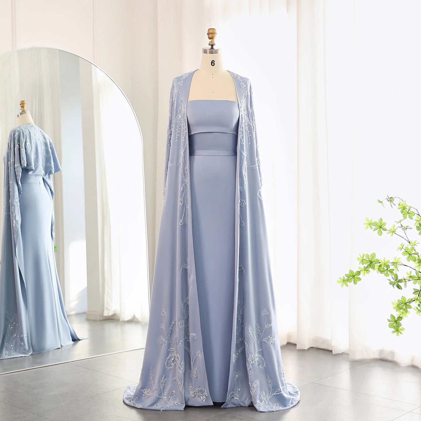 Blue Mermaid Evening Dress with Cape Sleeves 2024 Luxury Beaded Women Wedding Guest Party Gowns