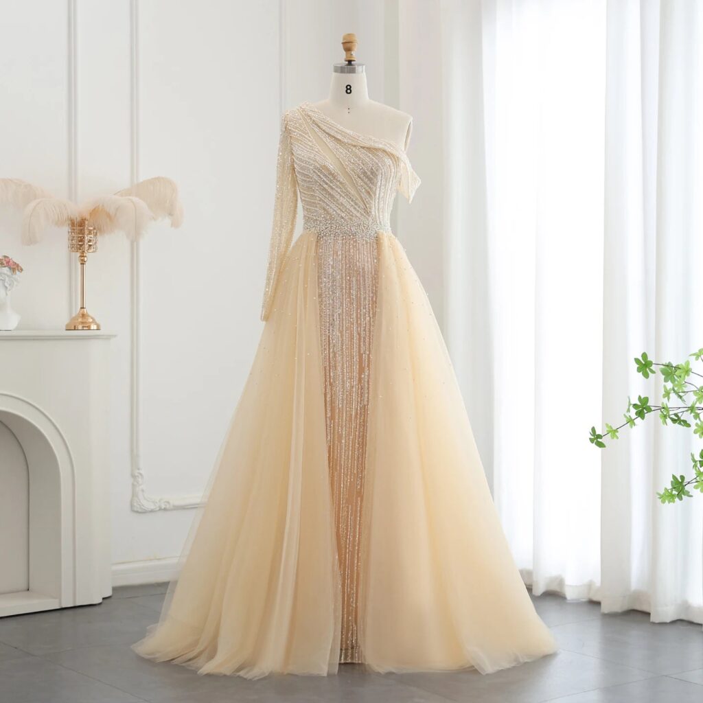 Elegant One Shoulder Beige Evening Dress with Overskirt Luxury Beaded Women Black Wedding Party Gowns