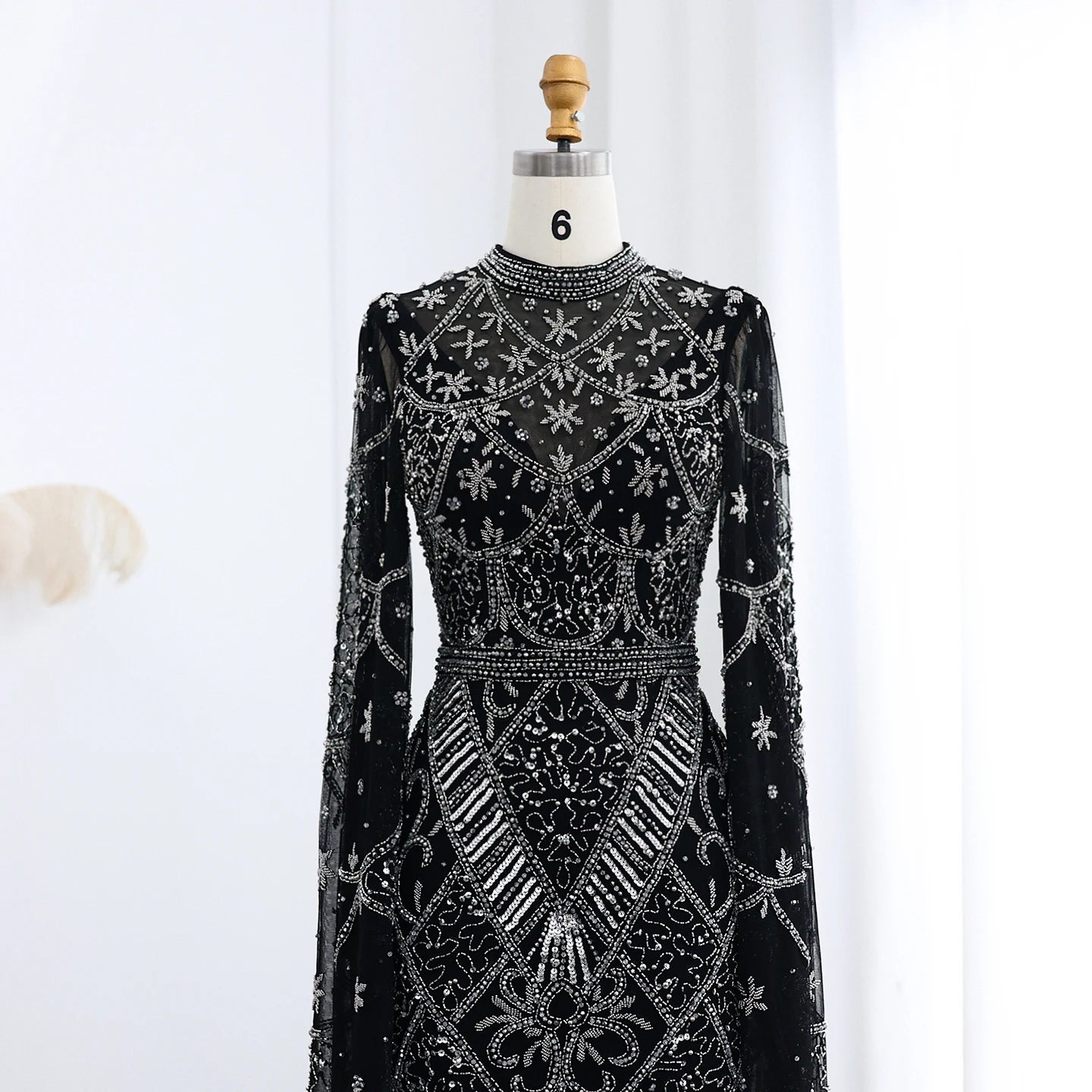 Black Beaded Luxury Evening Dress with Flare Long Sleeves High Neck Formal Party Gowns - Image 5