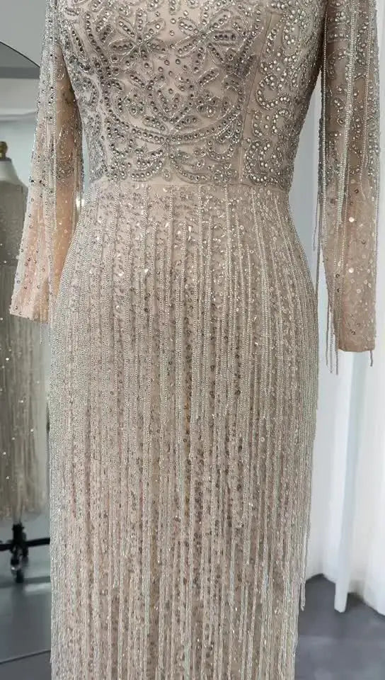 Luxury Beading Tassel Silver Nude Evening Dress Long Sleeves Arabic Women Midi Wedding Party Gown - Image 6