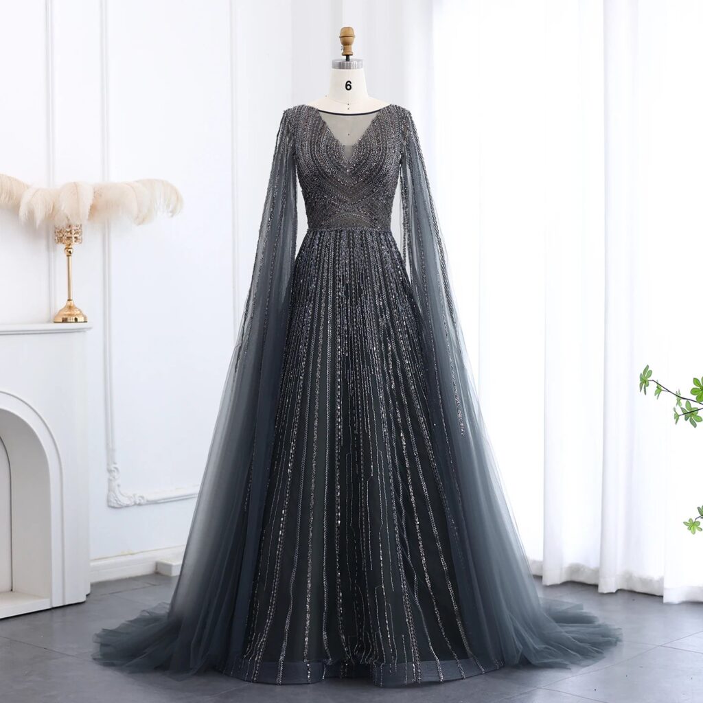 Luxury Gray Green Evening Dresses with Cape Sleeves Blue Pink Elegant for Wedding Party
