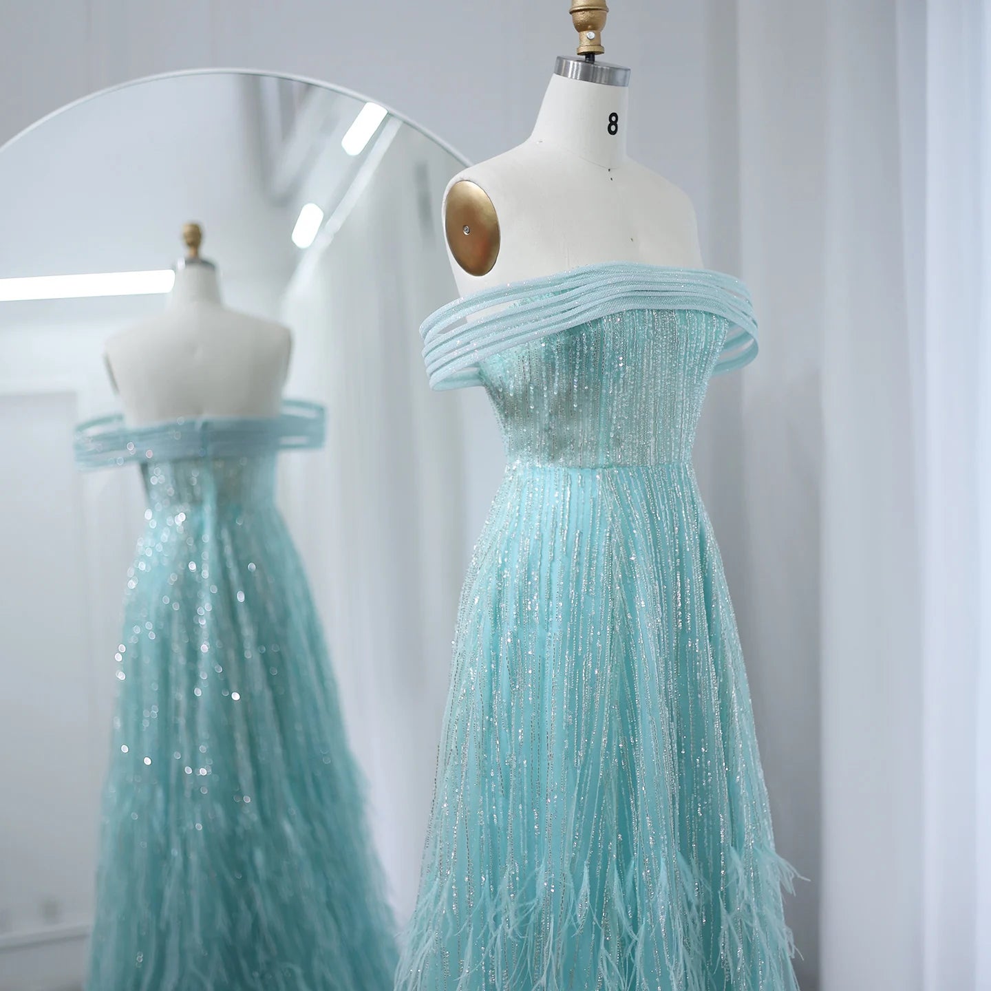 Feathers Aqua Green Luxury Evening Dresses Off Shoulder Prom Party Wedding Dress - Image 2