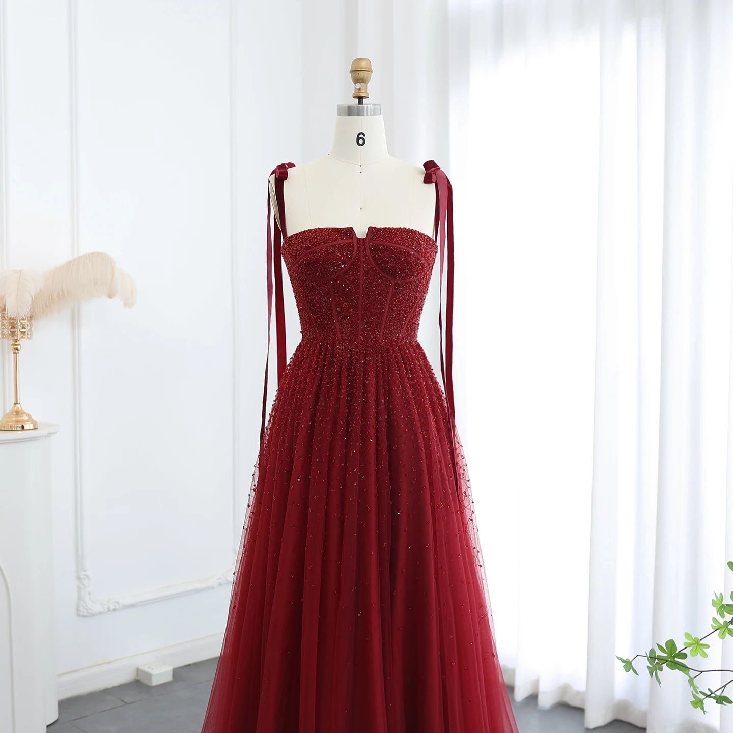 Luxury Beaded Wine Red Evening Dresses with Straps Elegant Women Arabic Wedding Party Gown - Image 3