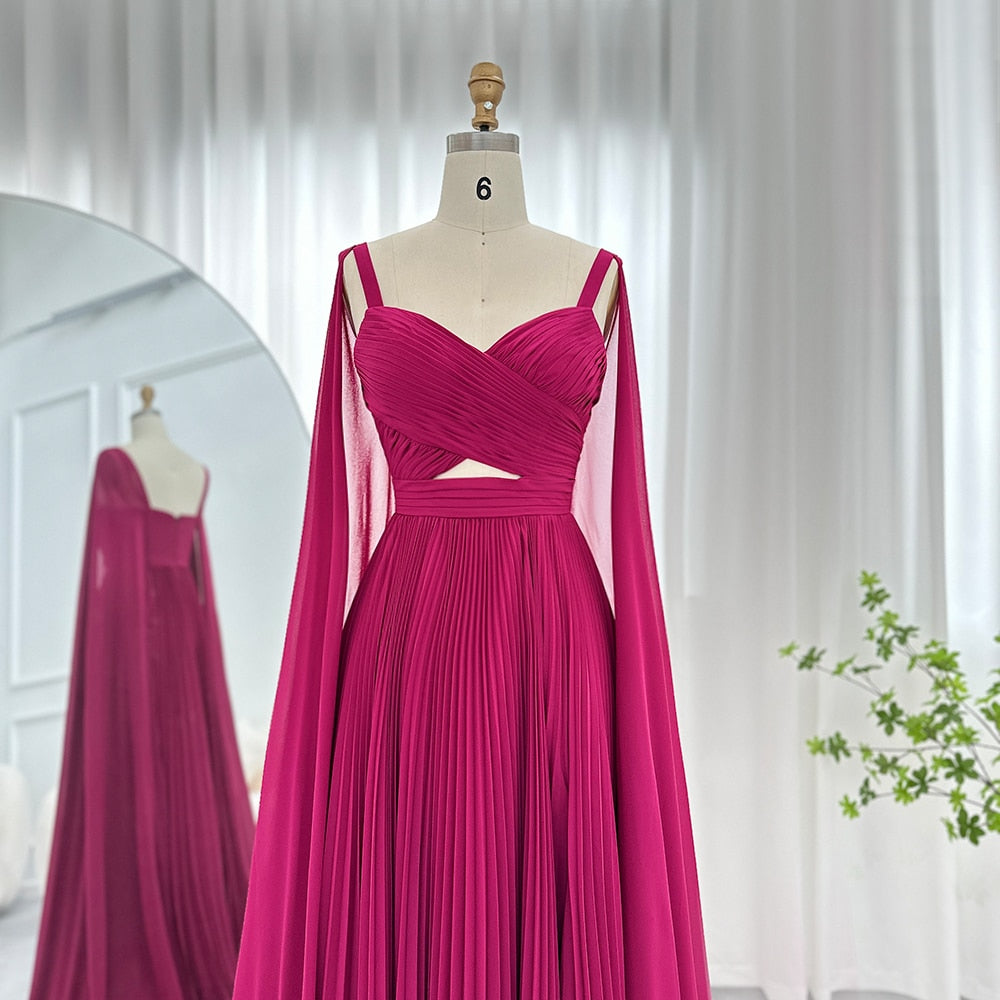 Fuchsia Chiffon Evening Dresses with Cape Sleeves Elegant Yellow Women Wedding Party Formal Gowns - Image 8