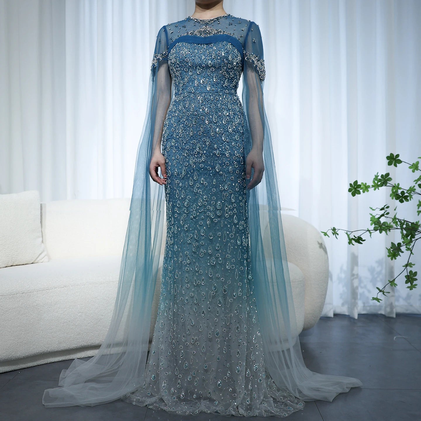 Mermaid Turquoise Crystal Evening Dresses with Cape Sleeves Arabic Women Wedding Party Gowns - Image 12
