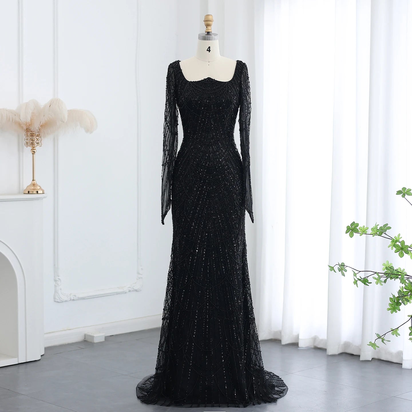 Beads Black Mermaid Long Sleeve Evening Dress for Women Champagne Formal Dresses Prom Dress - Image 2