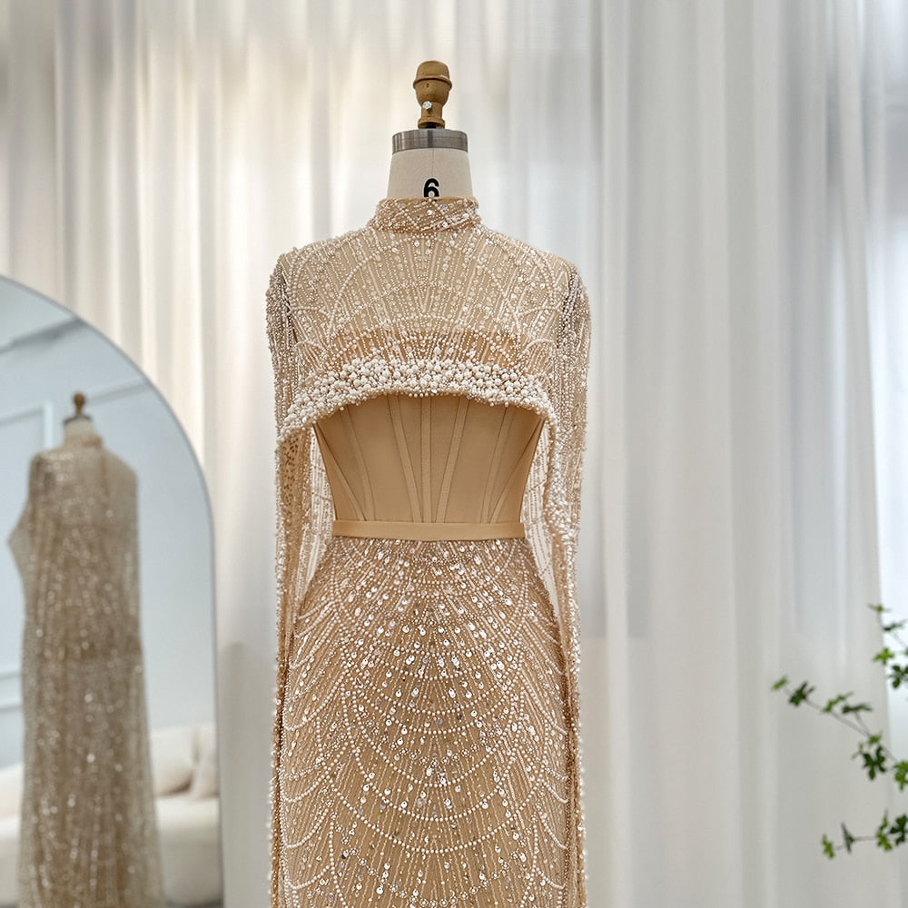 Luxury Pearls Champagne Evening Dresses with Cape Women Mermaid Wedding Party Prom Dress - Image 13