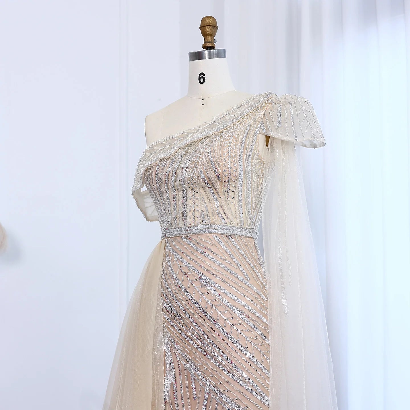Elegant One Shoulder Fuchsia Luxury Evening Dress with Cape Sleeve Overskirt Formal Party Gown - Image 10