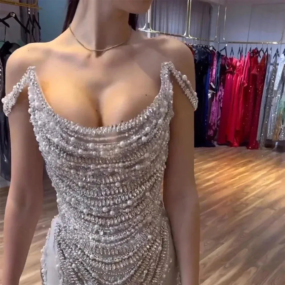 Luxury Crystal Silver Gray Mermaid Evening Dresses for Women Wedding Long Black Girls Prom Party Gowns - Image 8