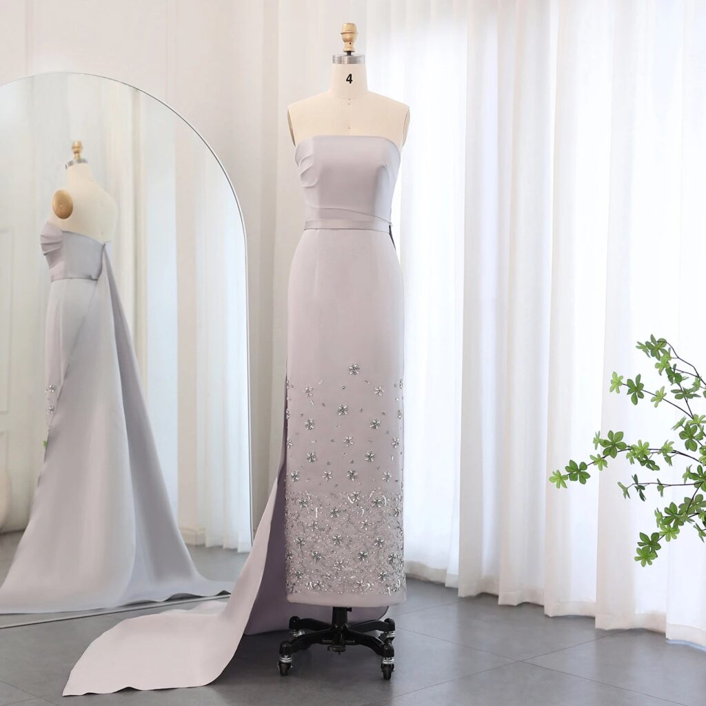 Luxury Crystal Gray Arab Evening Dress for Women Wedding Midi Formal Party Gowns with Train Ankle Length