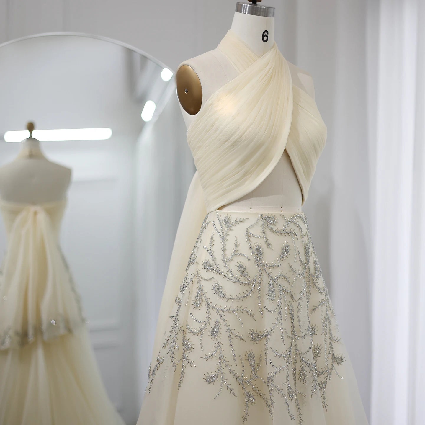 Halter Beige Evening Dress for Women Wedding Luxury Crystal Long Prom Party Dresses - Image 4
