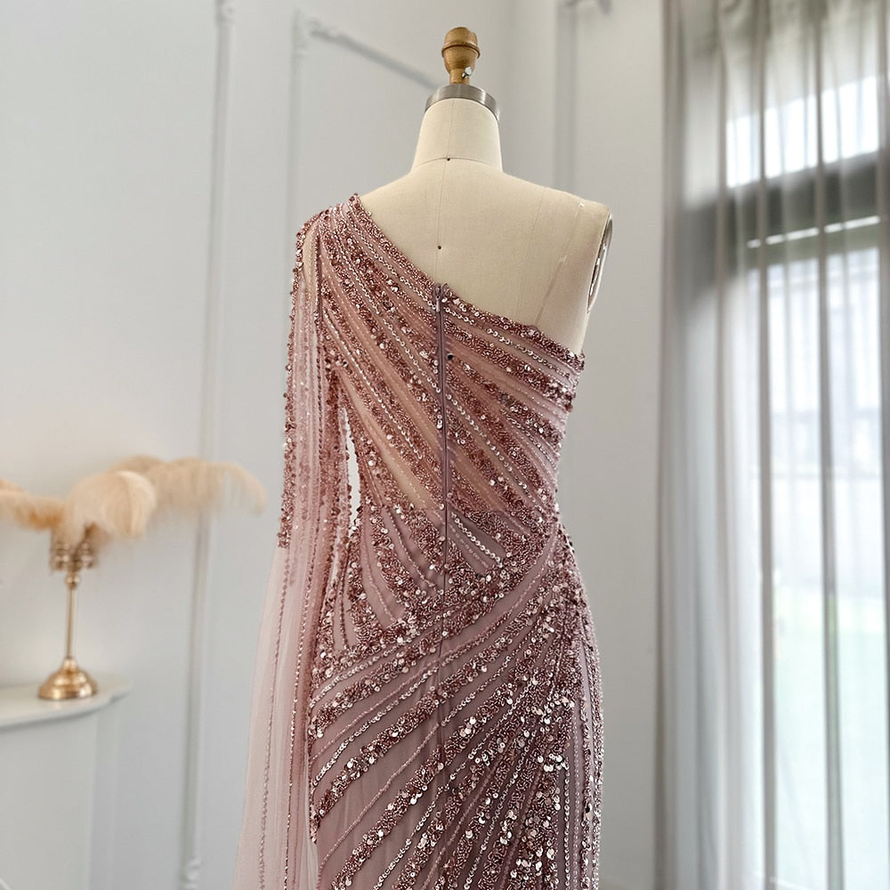 Luxury One Shoulder Mermaid Evening Dresses with Cape Sleeve Side Slit Wedding Party Gowns - Image 12