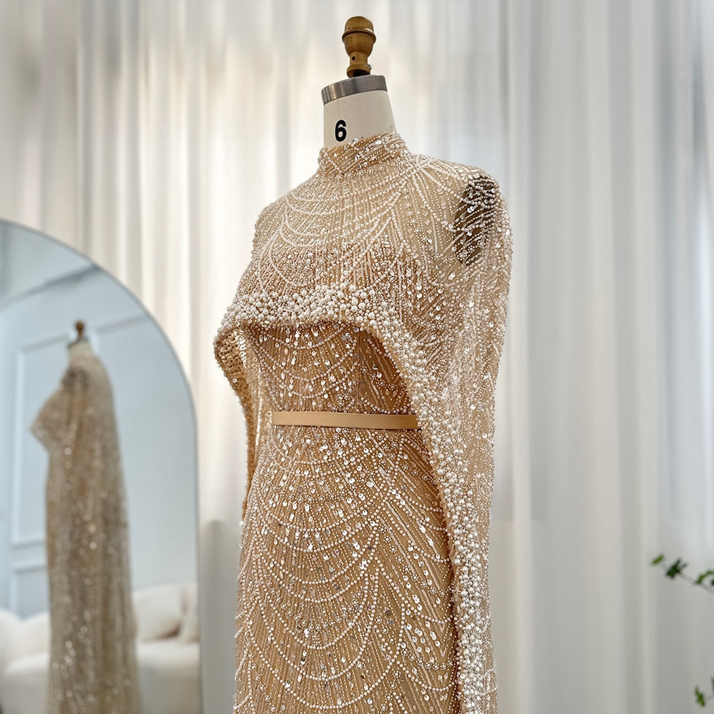 Luxury Pearls Champagne Evening Dresses with Cape Women Mermaid Wedding Party Prom Dress - Image 3