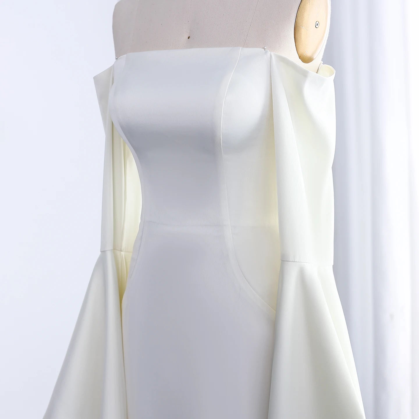 Elegant Off Shoulder Straight Beige Satin Evening Dress For Women Wedding Floor Length - Image 3
