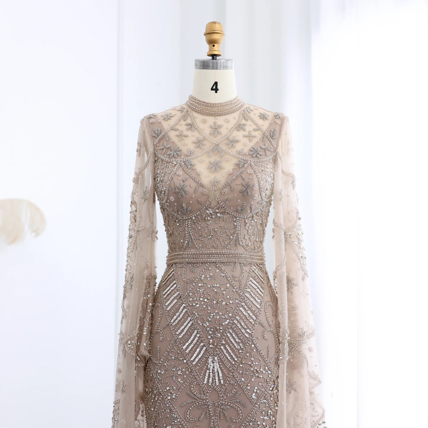 Black Beaded Luxury Evening Dress with Flare Long Sleeves High Neck Formal Party Gowns - Image 15
