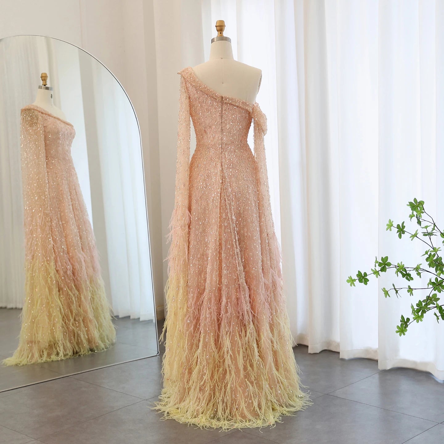 Luxury Feather One Shoulder Evening Dresses with Cape Sleeves Rose Gold Lilac Women Wedding Party Gowns - Image 11