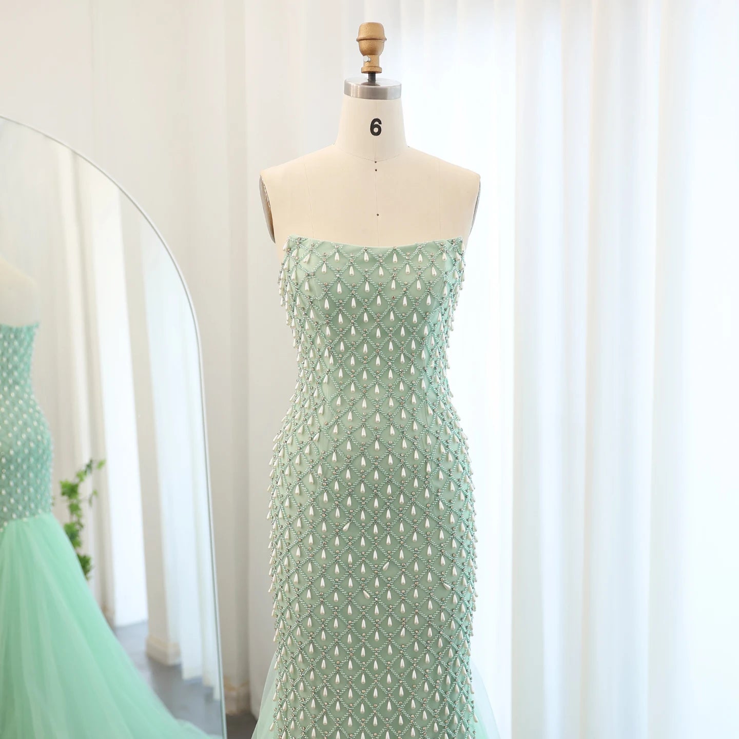 Luxury Crystal Pearls Mermaid Sage Green Evening Dress with Cape Elegant Women Wedding Party Gown - Image 6