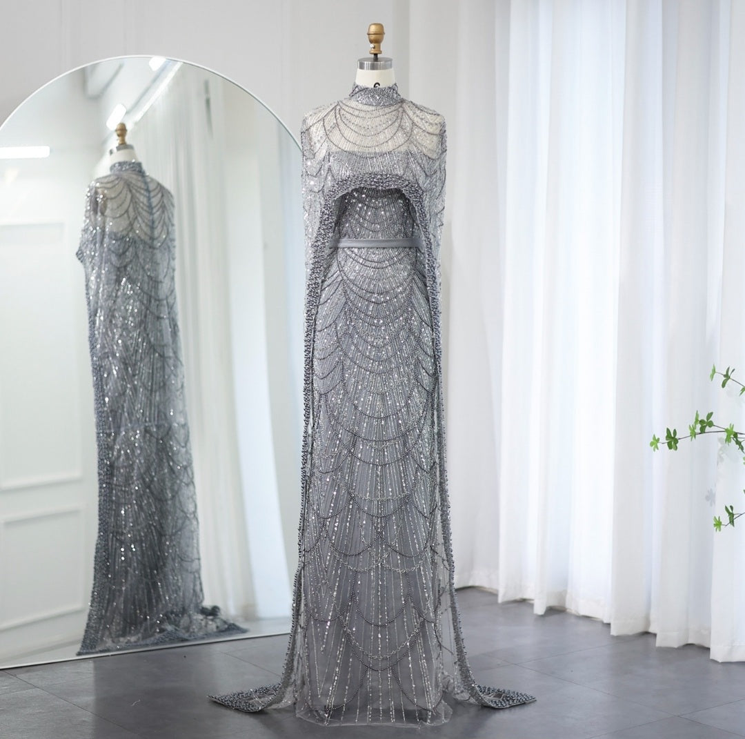 Luxury Pearls Champagne Evening Dresses with Cape Women Mermaid Wedding Party Prom Dress - Image 40