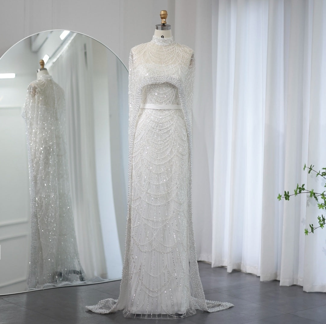 Luxury Pearls Champagne Evening Dresses with Cape Women Mermaid Wedding Party Prom Dress - Image 39
