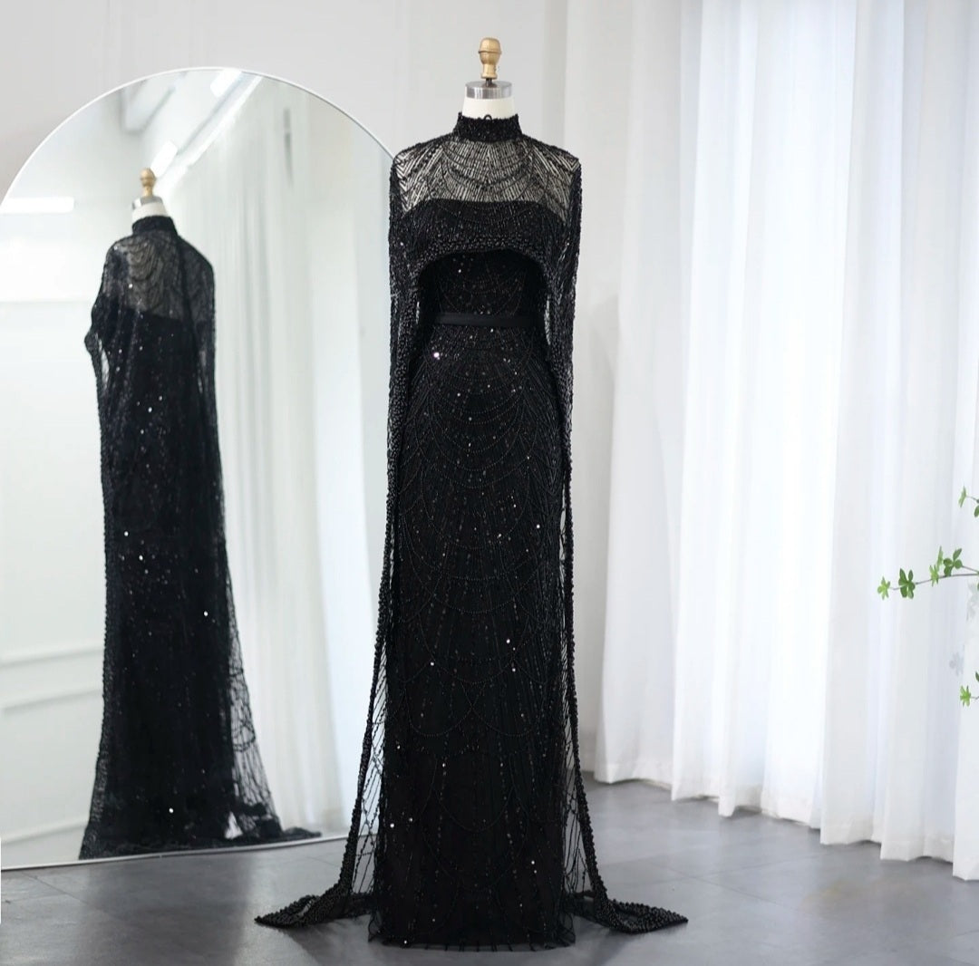 Luxury Pearls Champagne Evening Dresses with Cape Women Mermaid Wedding Party Prom Dress - Image 38