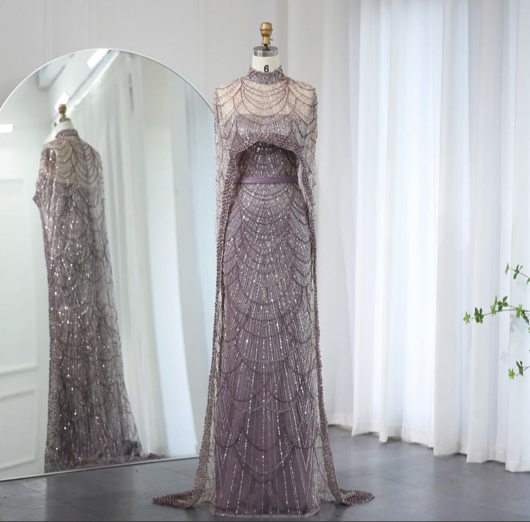 Luxury Pearls Champagne Evening Dresses with Cape Women Mermaid Wedding Party Prom Dress - Image 37
