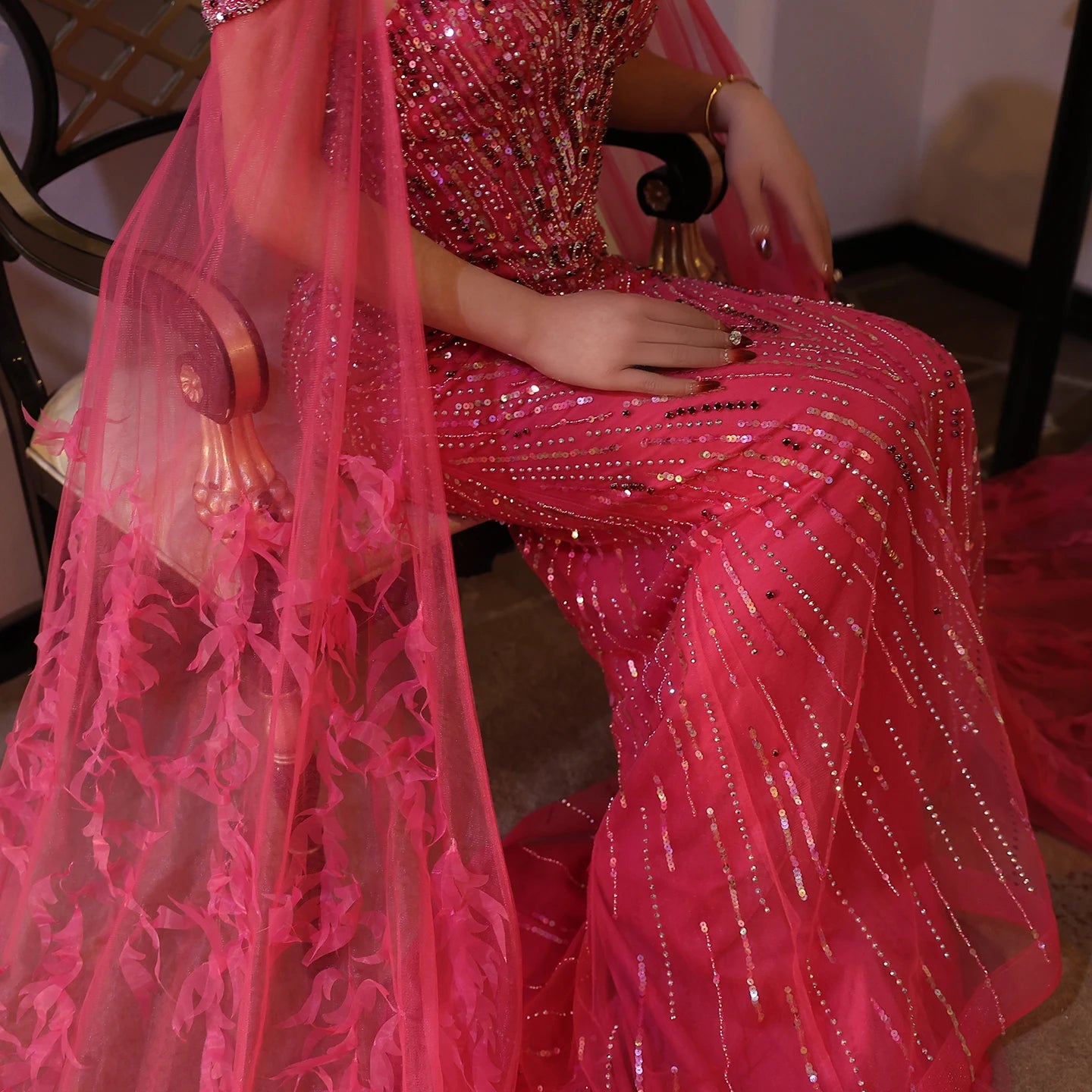 Fuchsia Mermaid Evening Dresses with Cape Sleeves Luxury Turquoise Women Wedding Party Dress - Image 8