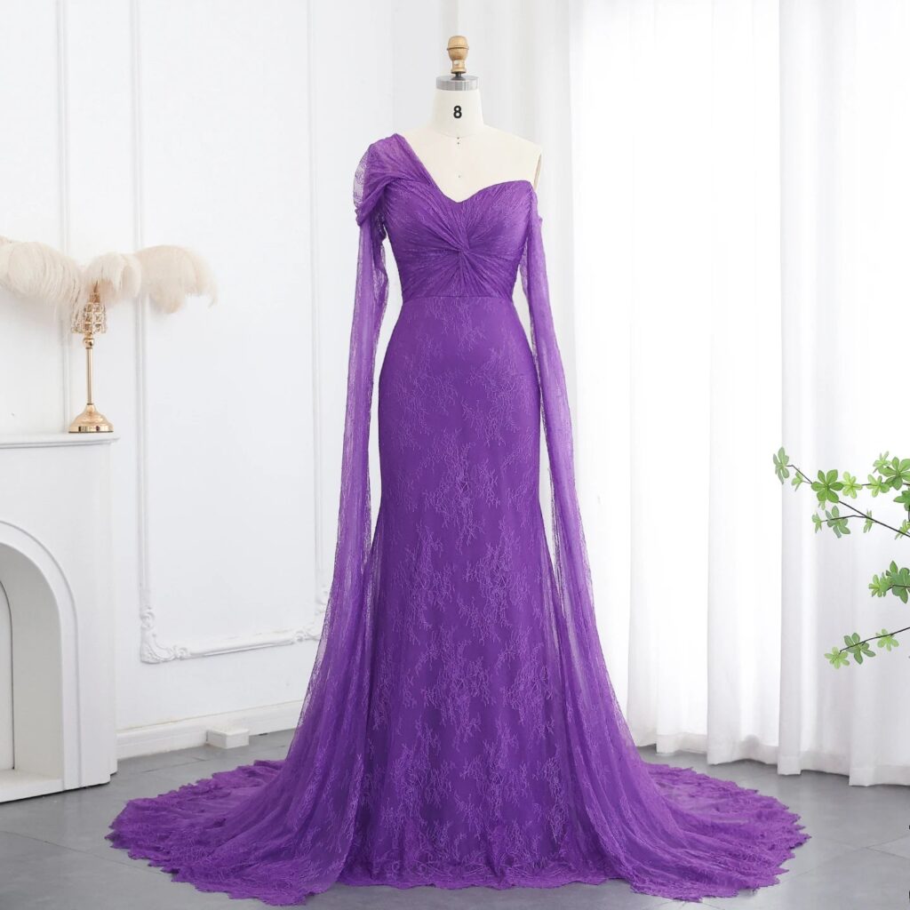 Elegant Off Shoulder Mermaid Purple Lace Evening Dress with Cape Sleeves For Women Wedding