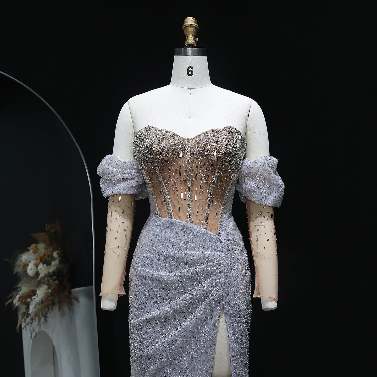 Luxury Mermaid Crystal Silver Evening Dress with Sleeves Slit Women Wedding Party Gown - Image 3