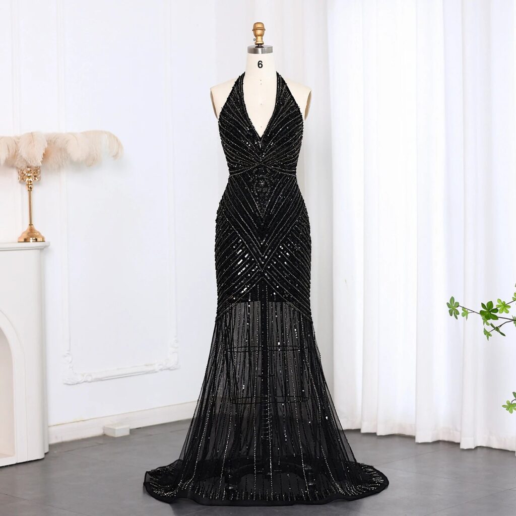 Sexy Halter Open Back Mermaid Black Luxury Beaded Evening Prom Dresses for Women Silver Nude Long Party Gowns