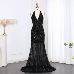 Sexy Halter Open Back Mermaid Black Luxury Beaded Evening Prom Dresses for Women Silver Nude Long Party Gowns