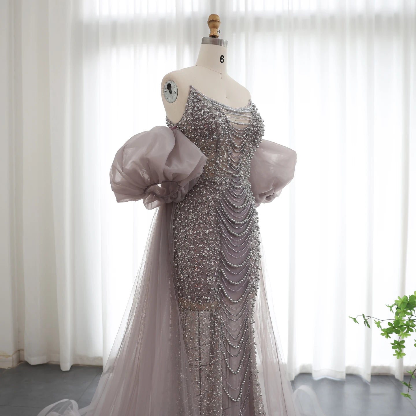Luxury Pearls Purple Mermaid Evening Dress with Cape Sleeves Tassel Wedding Party Gowns - Image 3