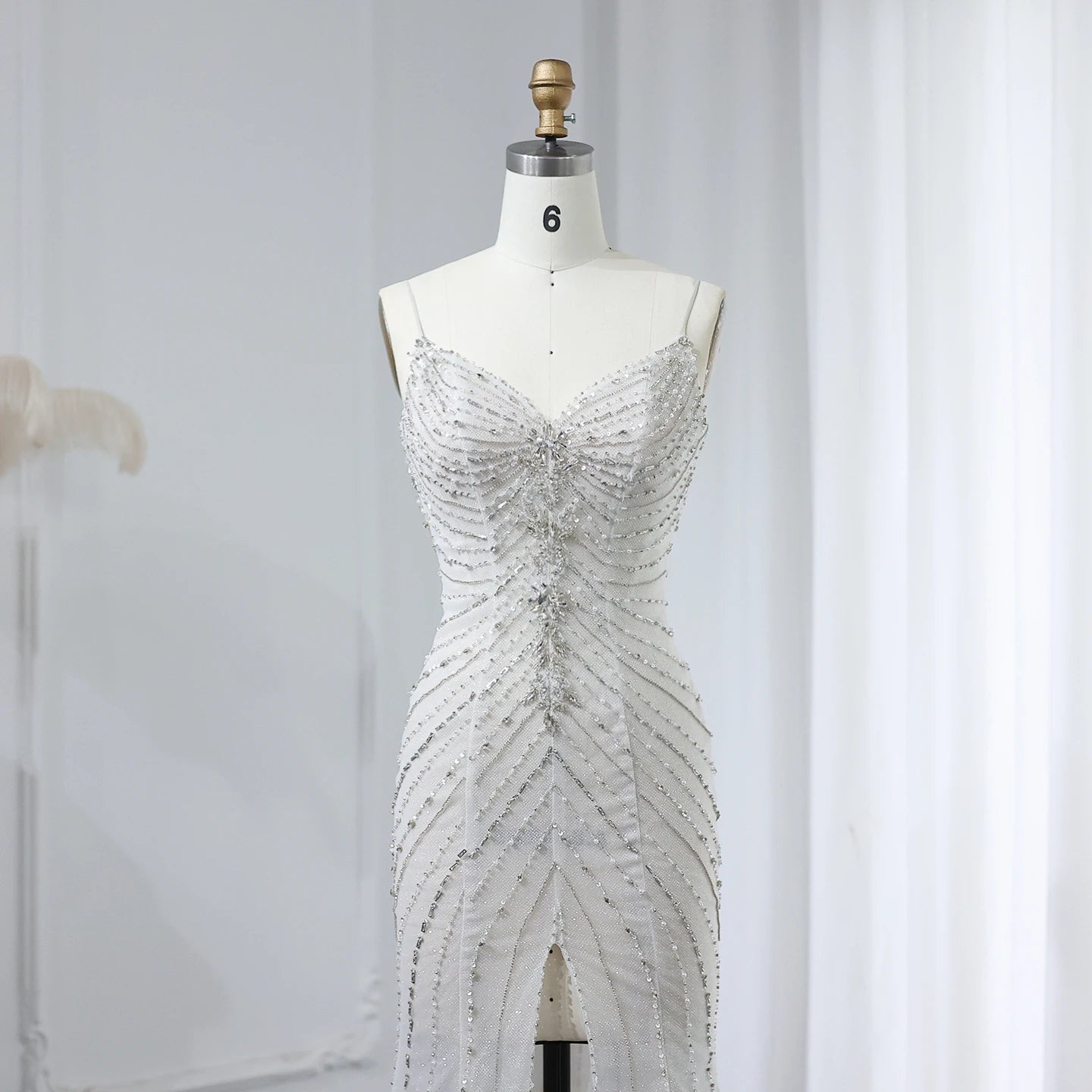 Crystal Luxury Mermaid White Wedding Dresses for Women Spaghetti Straps Front Slit Bridal Gowns - Image 3