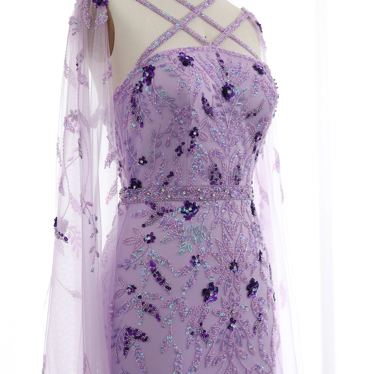 Luxury Lilac Evening Dresses with Cape Sleeves Criss Cross Elegant Arab Women Wedding Party Gowns - Image 9