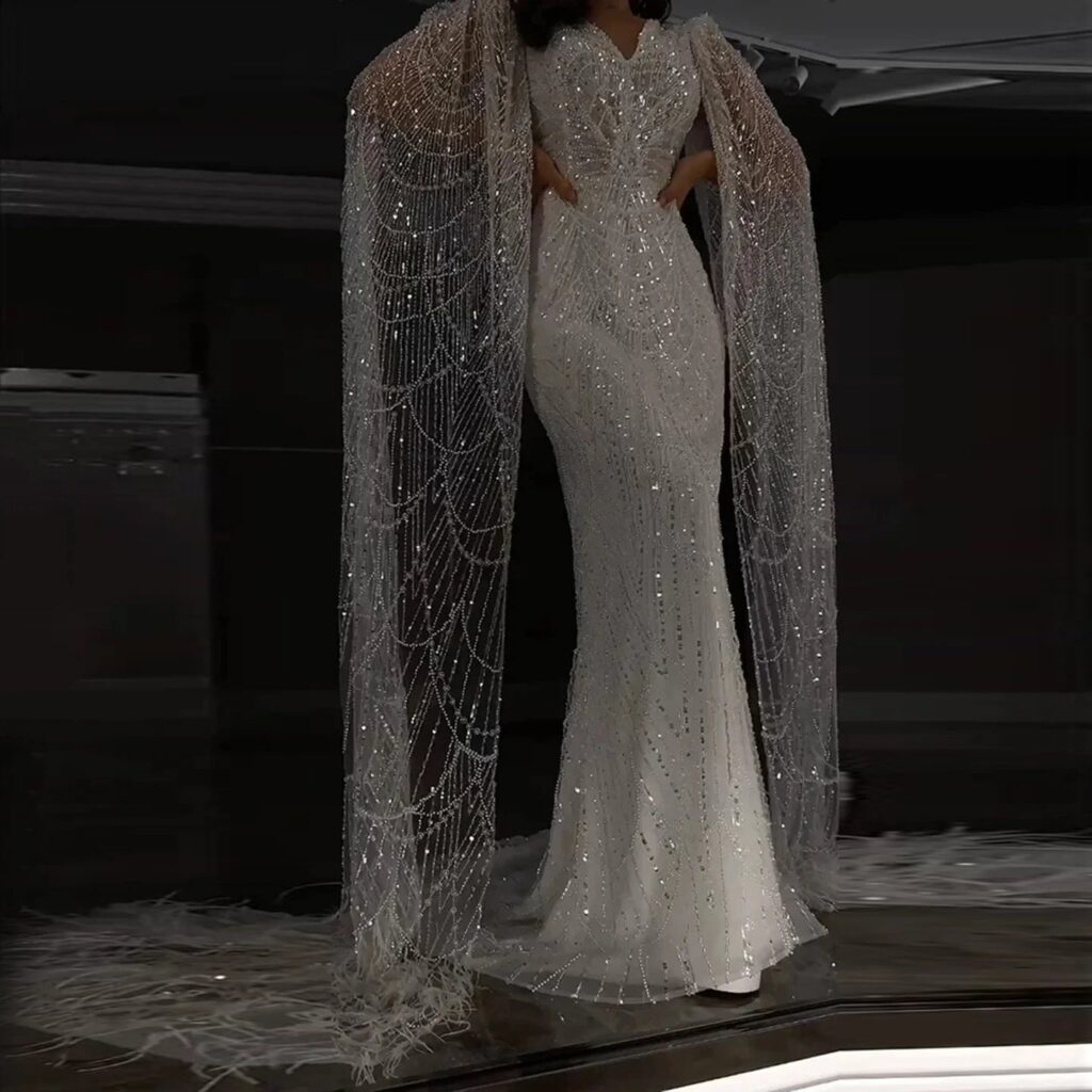 White Feather Luxury Mermaid Evening Dress with Cape Sleeves Wedding Bridal Party Gowns