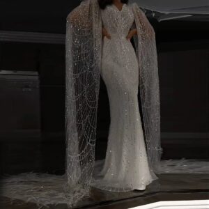 White Feather Luxury Mermaid Evening Dress with Cape Sleeves Wedding Bridal Party Gowns