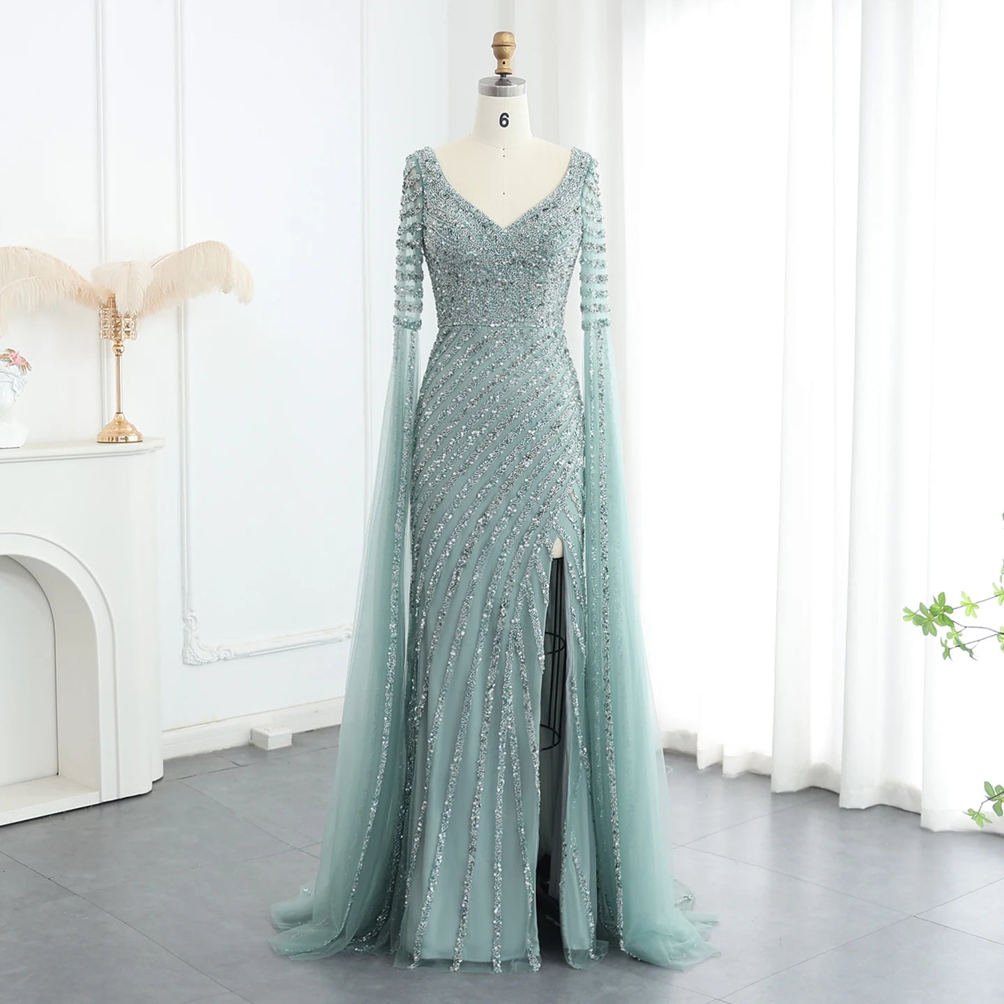 Luxury Beaded Mermaid Evening Dresses with Cape Sleeves Side Slit Women Long Wedding Party Gowns - Image 15