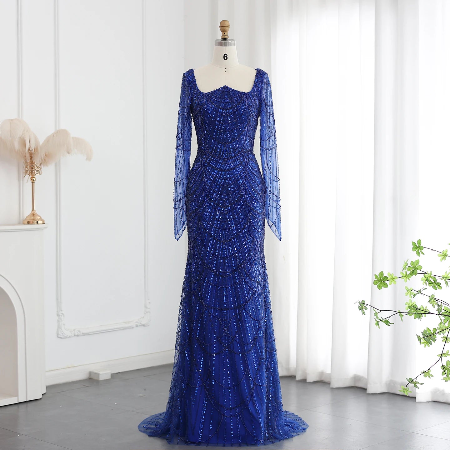 Beads Black Mermaid Long Sleeve Evening Dress for Women Champagne Formal Dresses Prom Dress - Image 3