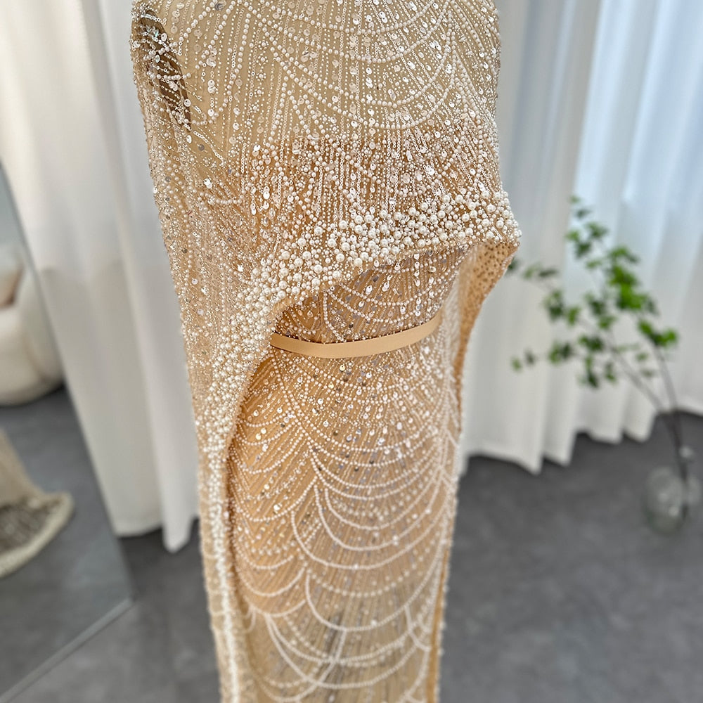 Luxury Pearls Champagne Evening Dresses with Cape Women Mermaid Wedding Party Prom Dress - Image 4