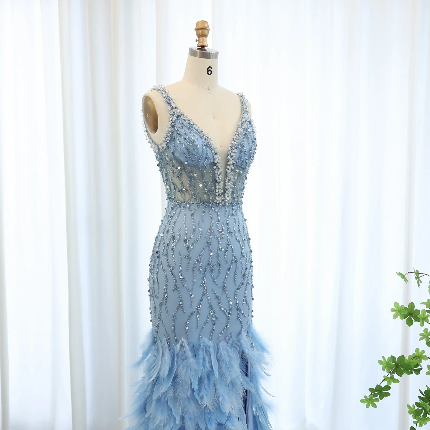 Luxury Feathers Mermaid Evening Dresses for Women Wedding V-Neck Blue Side Slit Long Prom Party Dress - Image 8