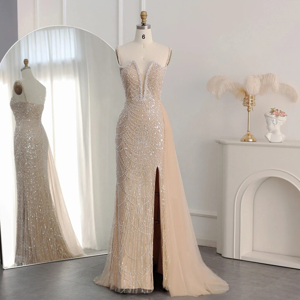 Luxury Nude Spaghetti Straps Mermaid Long Evening Dress with High Slit Overskirt for Wedding Party Gown
