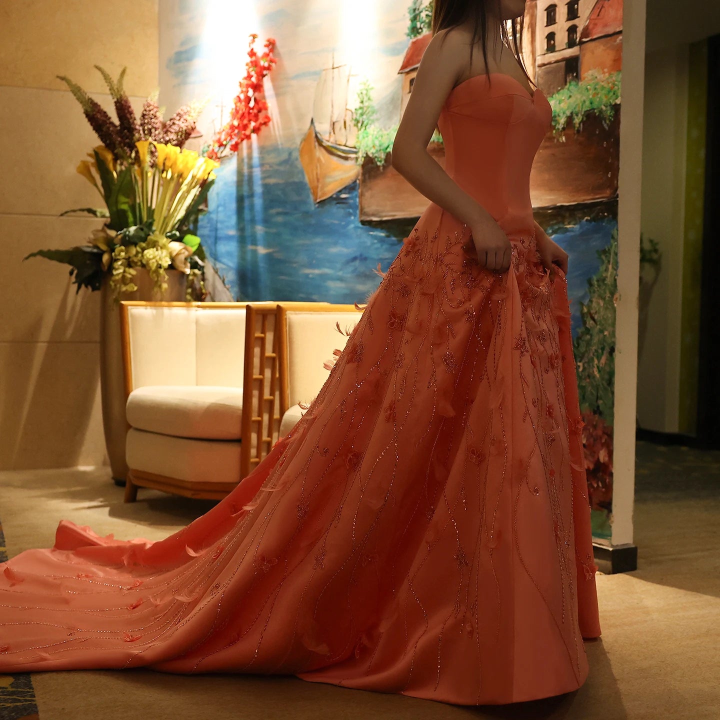 Luxury Feathers Coral Pink Evening Dresses 3D Flowers Sweetheart Long Women Wedding Formal Party Dress - Image 17