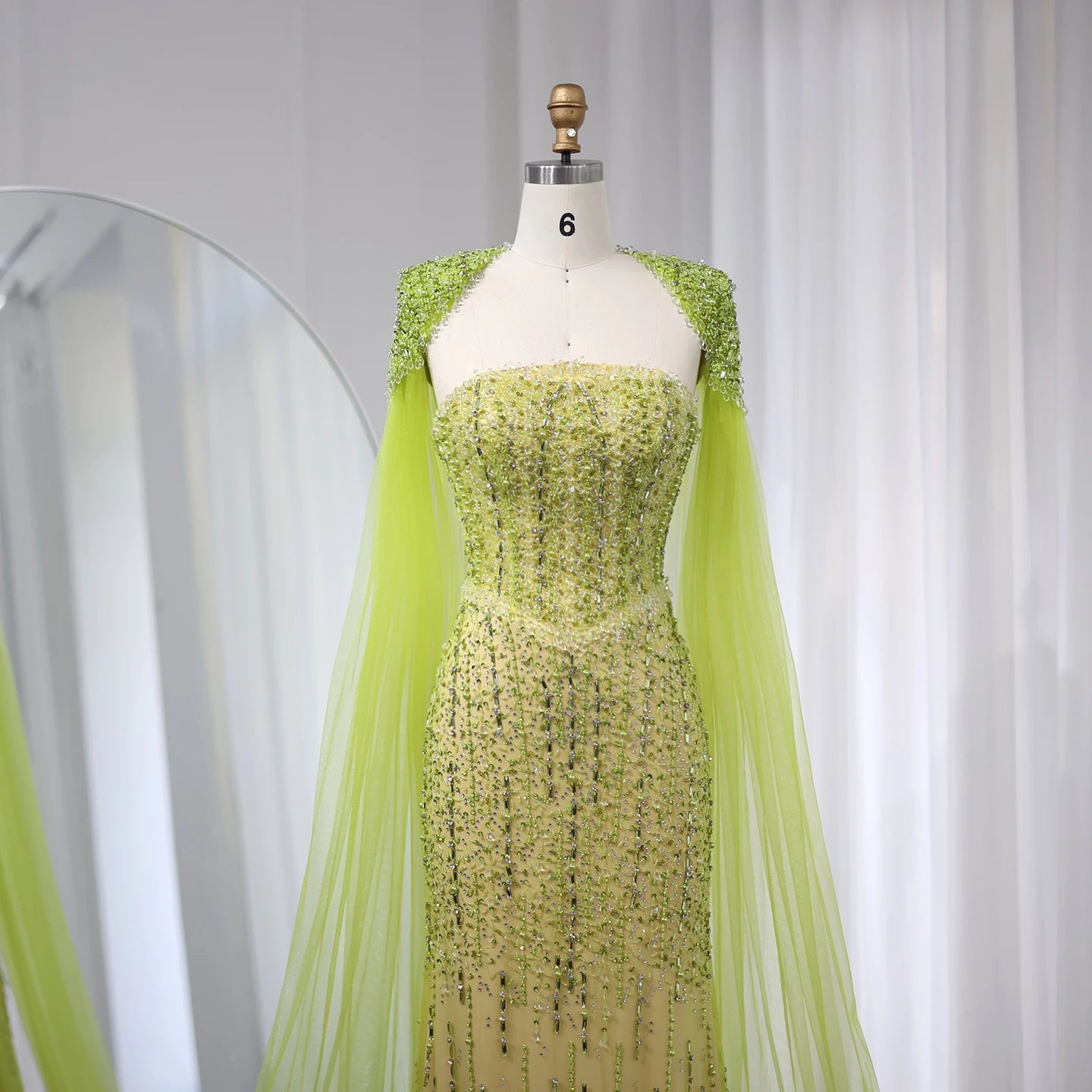 Luxury Beaded Mermaid Lime Green Evening Dress with Cape Sleeves Elegant Arabic Women Wedding Party Prom Dress - Image 6