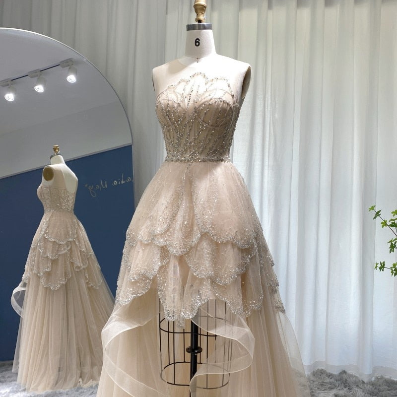 Luxury Champagne High Low Evening Dress Elegant Tiered Short Front Long Back Prom Party Gowns - Image 11