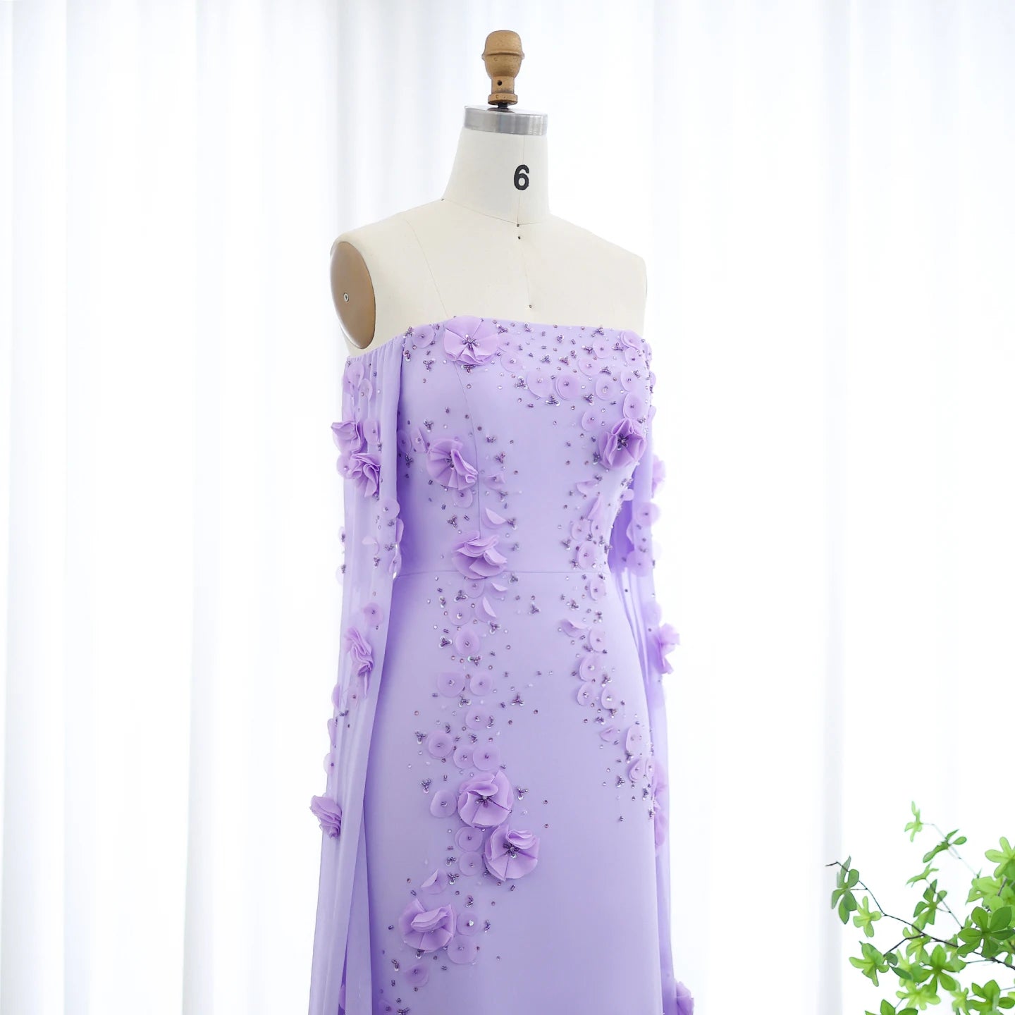 Elegant Off Shoulder Lilac 3D Flowers Evening Dress with Cape Sleeves for Wedding Party - Image 6