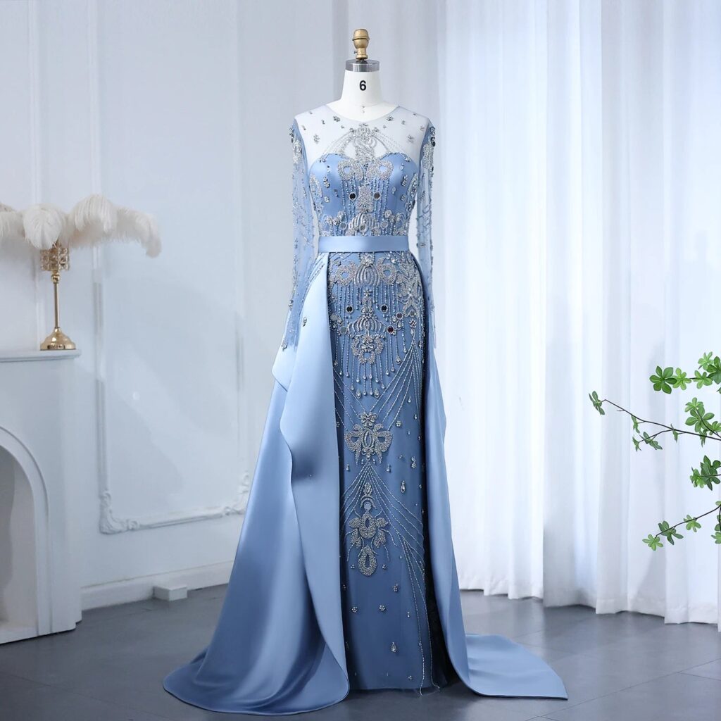 Luxury Beads Blue Long Sleeves Evening Dress with Overskirt Women Party Gowns