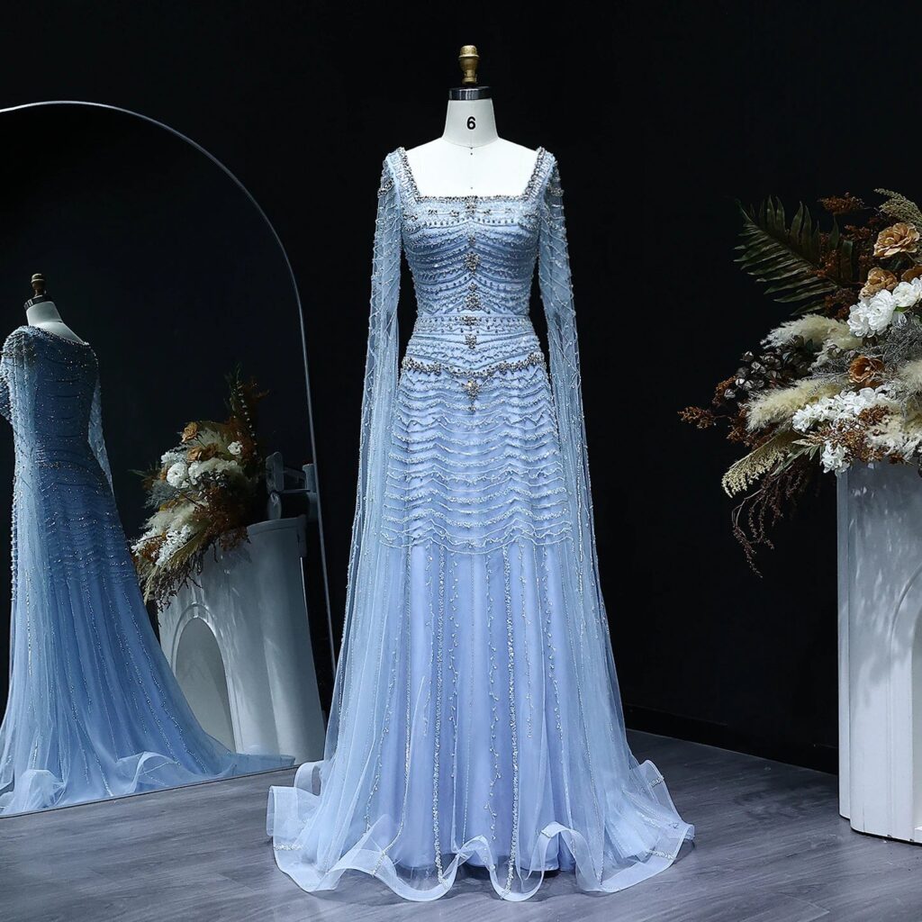 Luxury Nude Evening Dress with Cape Sleeves Blue White Women Wedding Party Gowns