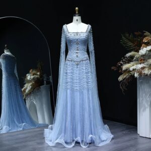Luxury Nude Evening Dress with Cape Sleeves Blue White Women Wedding Party Gowns