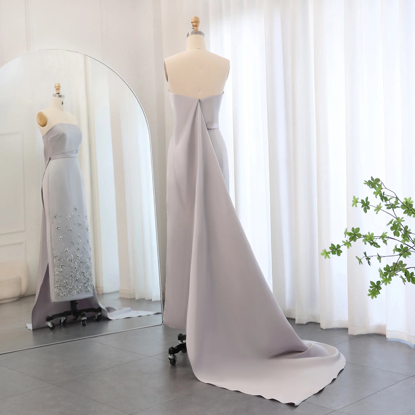 Luxury Crystal Gray Arab Evening Dress for Women Wedding Midi Formal Party Gowns with Train Ankle Length - Image 9