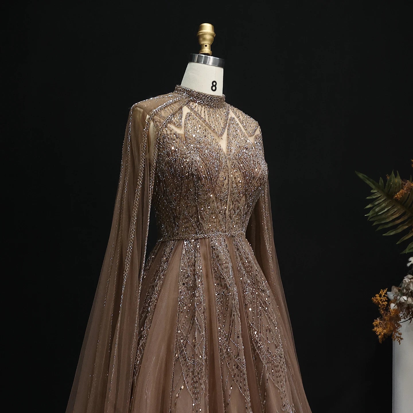Luxury Pink Evening Dress with Cape Sleeves Brown Women Wedding Party Gowns - Image 4