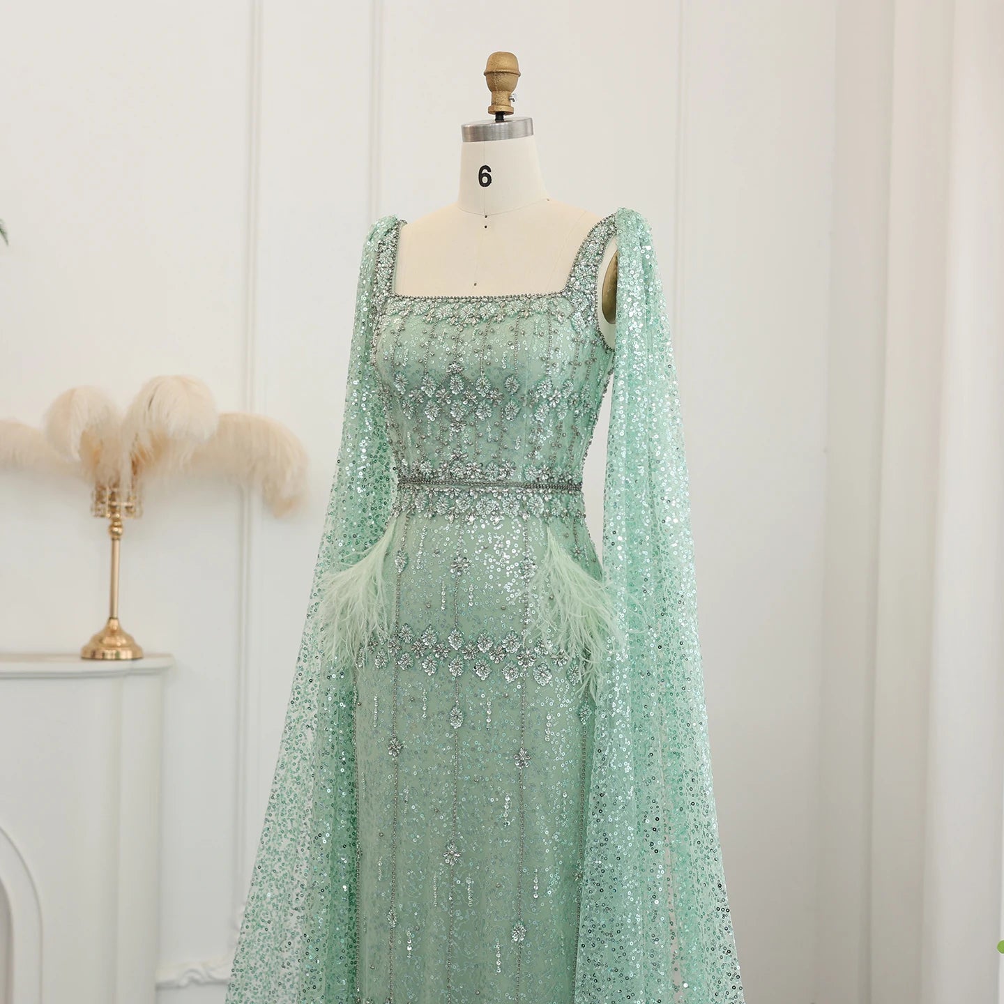 Mermaid Evening Dress with Cape Luxury Feather Formal Dresses for Women Wedding Party - Image 11